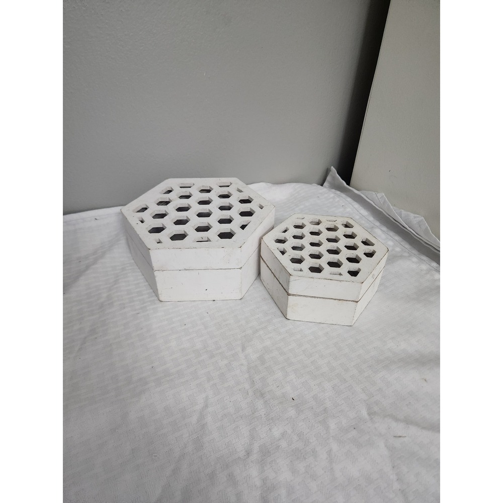 Set of 2 Hexagon Wooden Decorative Boxes Honeycomb Lattice White Distressed